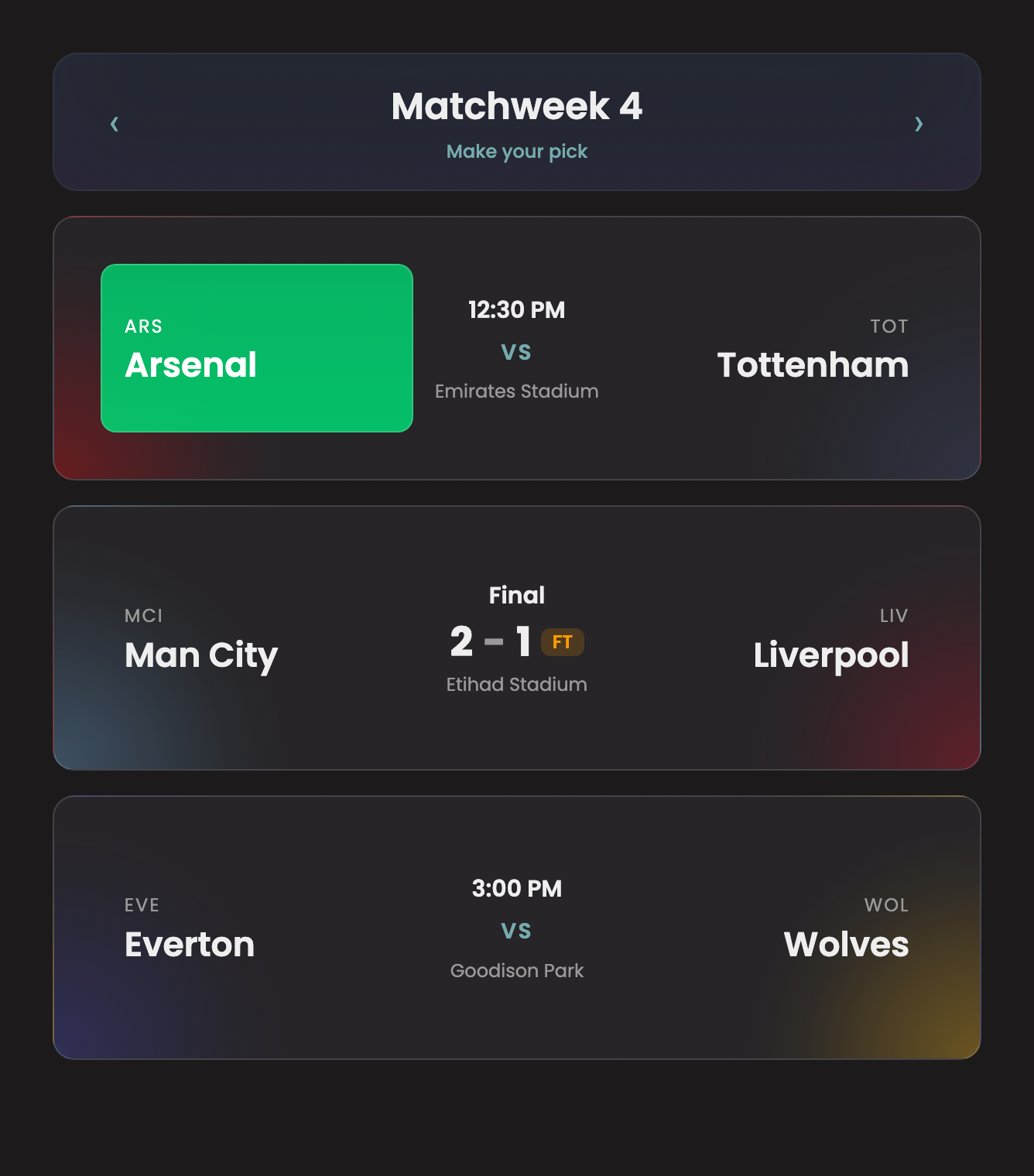 the13 match center — pick a team to win